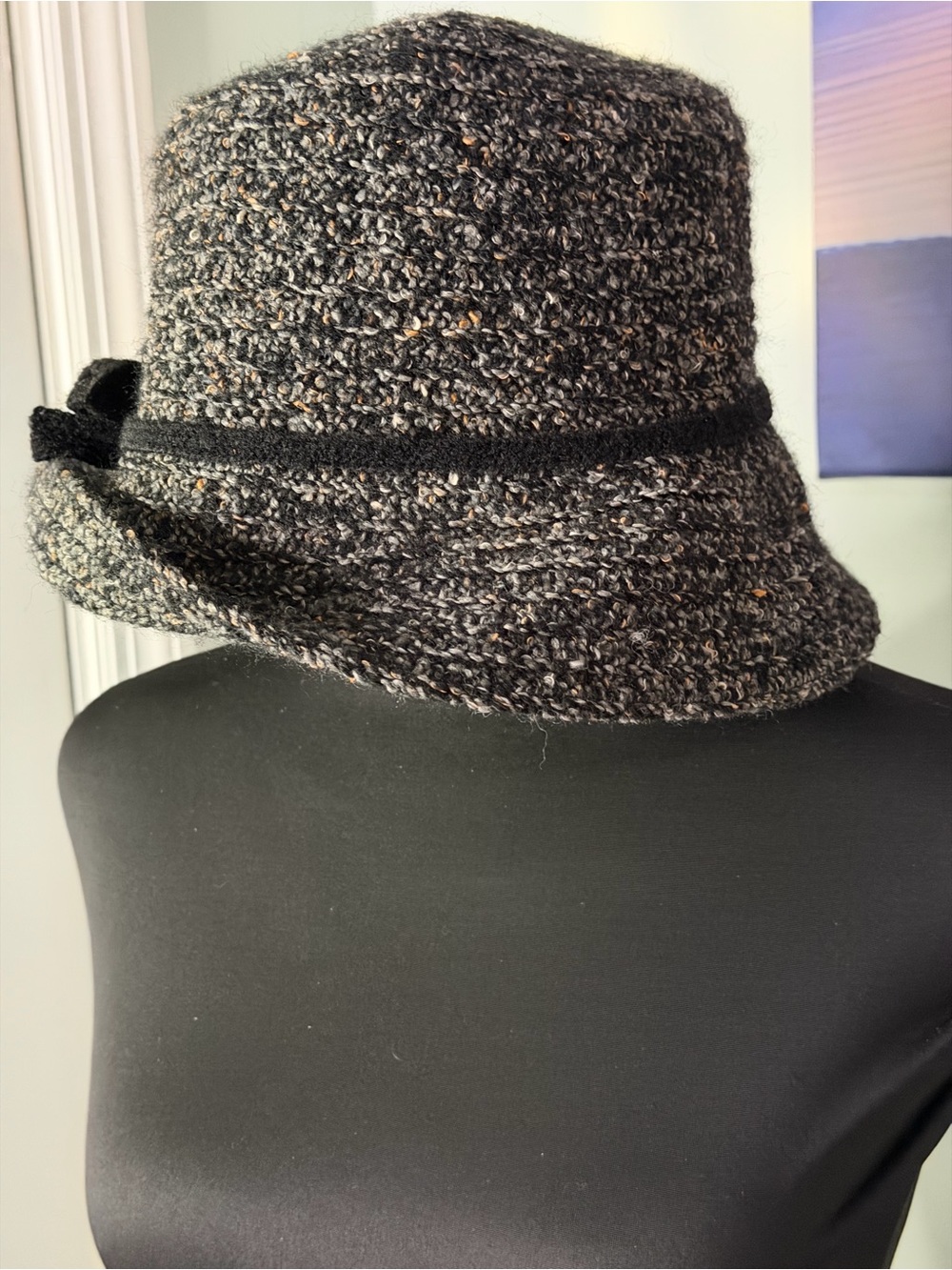 Bouclé Cloche Hat with Bow Trim in Black and Gray - Picture 1 of 3